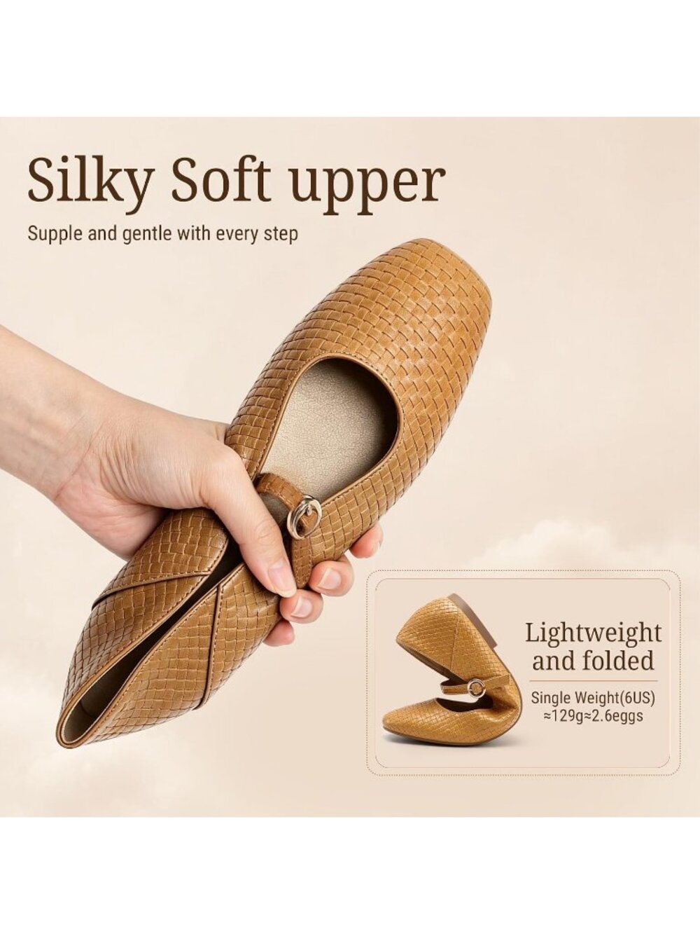 Women's Light Brown Mary Jane Non Slip Work Ballet Flats Square Closed Toe Shoes - Picture 5 of 6